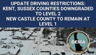 Update Driving Restrictions: Kent, Sussex Counties downgraded to Level 2. New Castle County to remain at Level 1. Overlaying winter scene with DEMA Logo.