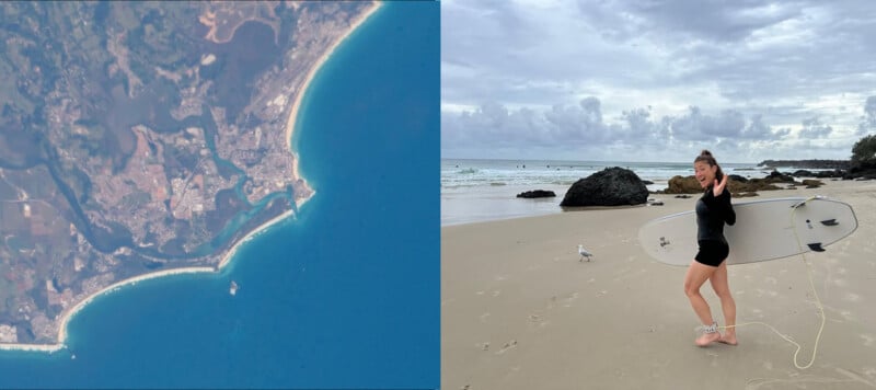 Left: A satellite view of a coastal area with blue ocean and land. Right: A person in a wetsuit holds a surfboard on a sandy beach, waves in the background, with rocks and a seagull nearby under a cloudy sky.