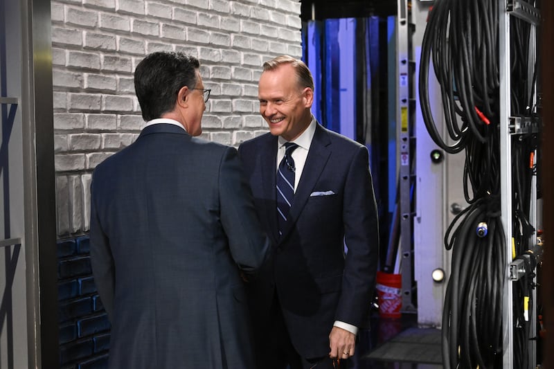 The Late Show with Stephen Colbert and guest John Dickerson during Wednesday's January 22, 2025 show.