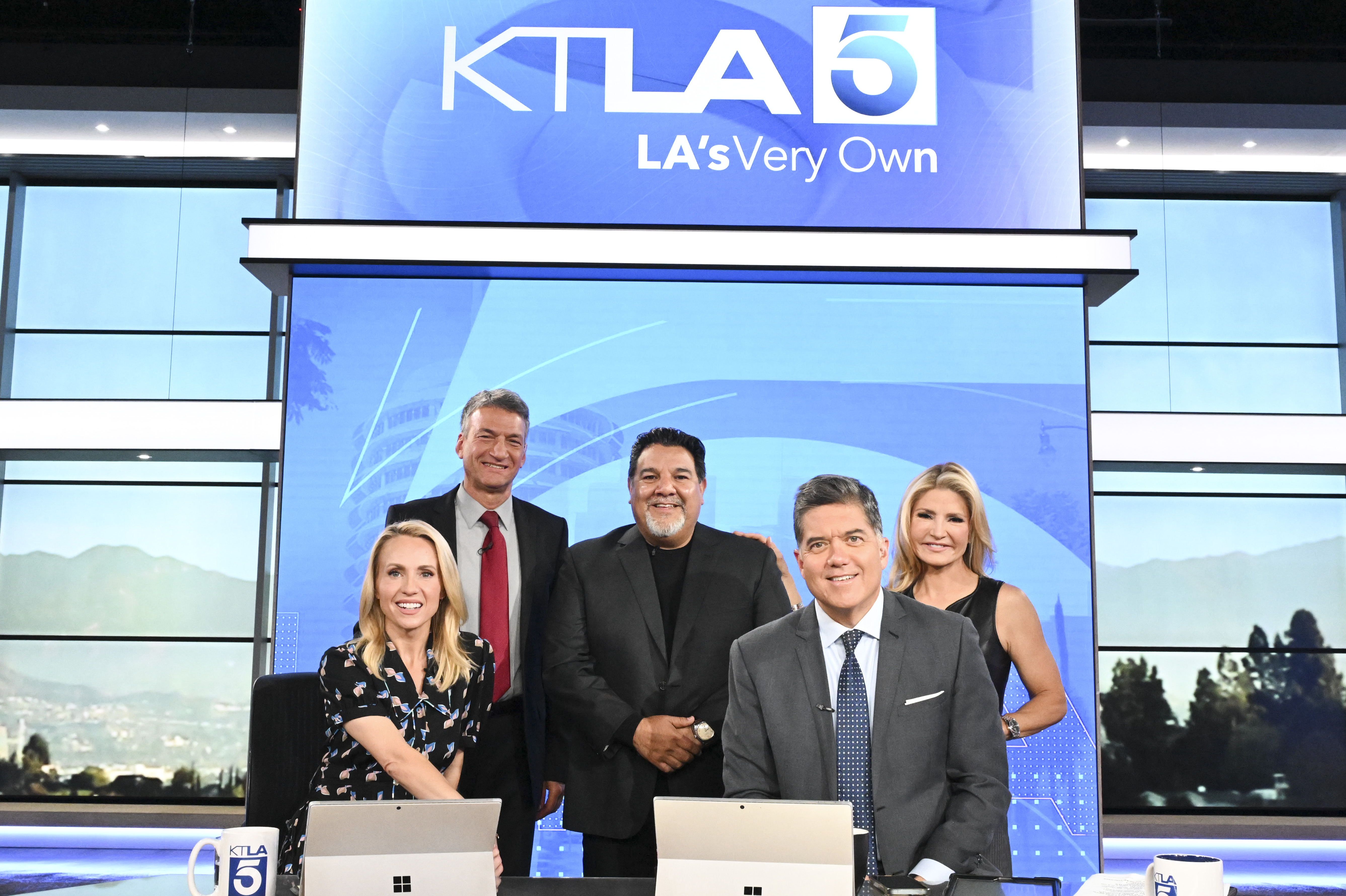 KTLA morning news anchor Frank Buckley, second from right, addressed...