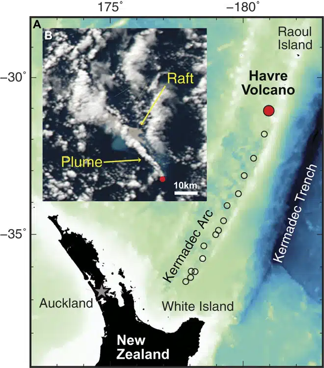 Map Showing The Location Of The Havre Volcano Alongside Nasa Modis Satellite Imagery.