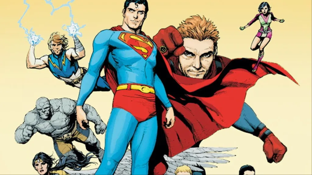Superman with Lightning Lad, Shrinking Violet, Colossal Boy, Ferro, and Dawnstar