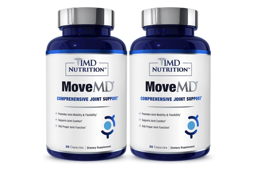 Two bottles of 1MD Nutrition MoveMD Comprehensive Joint Support supplements.