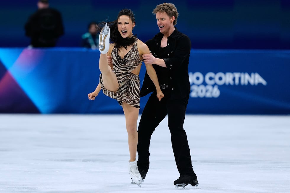 Madison Chock and Evan Bates of the United States compete during the rhythm dance in figure...