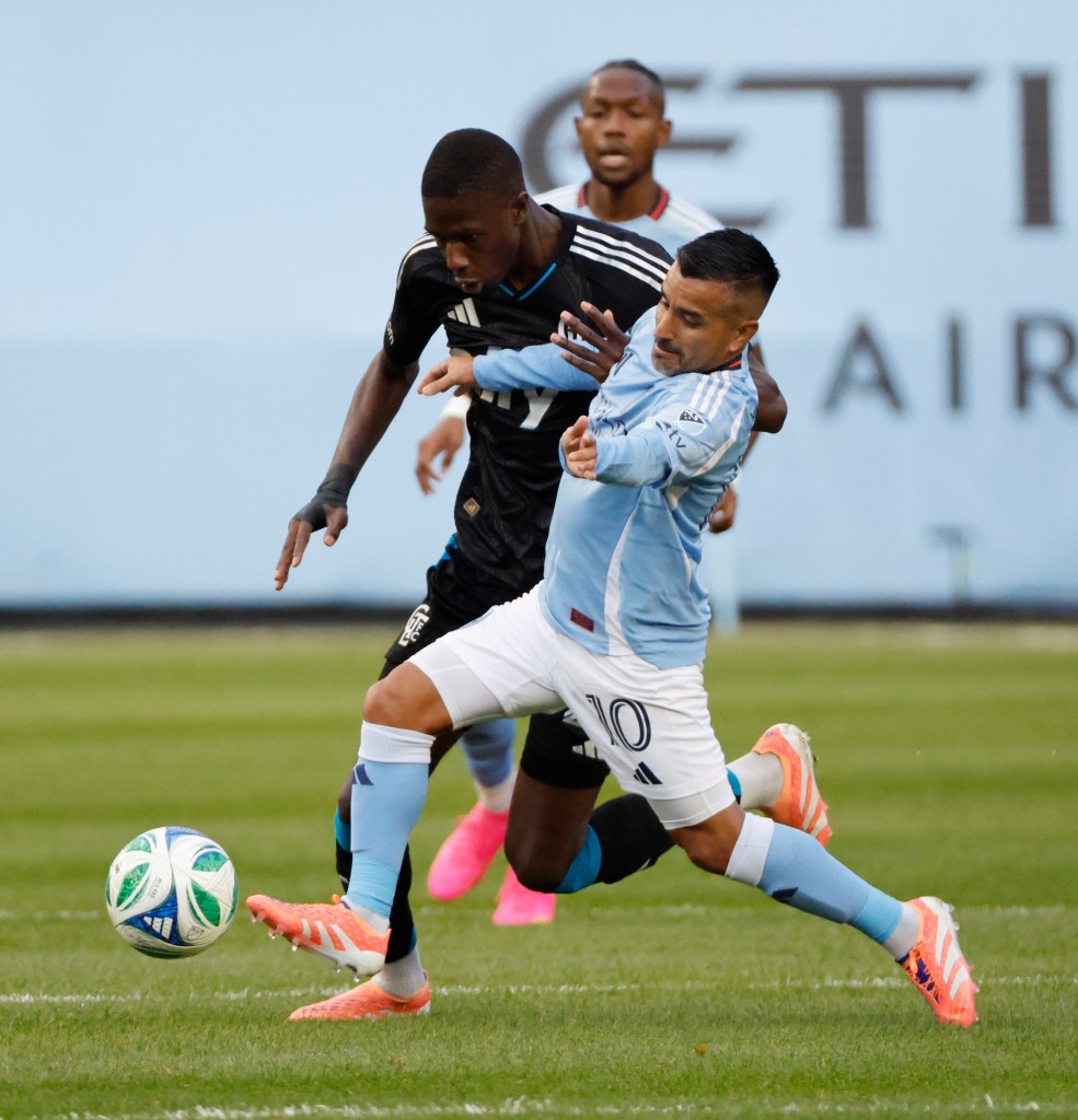 New York City midfielder Maximiliano Moralez moves the ball down field in the first half of the Audi 2025 MLS Cup Playoffs Round One, Game Two at Yankee Stadium in The Bronx, New York, November 01, 2025.