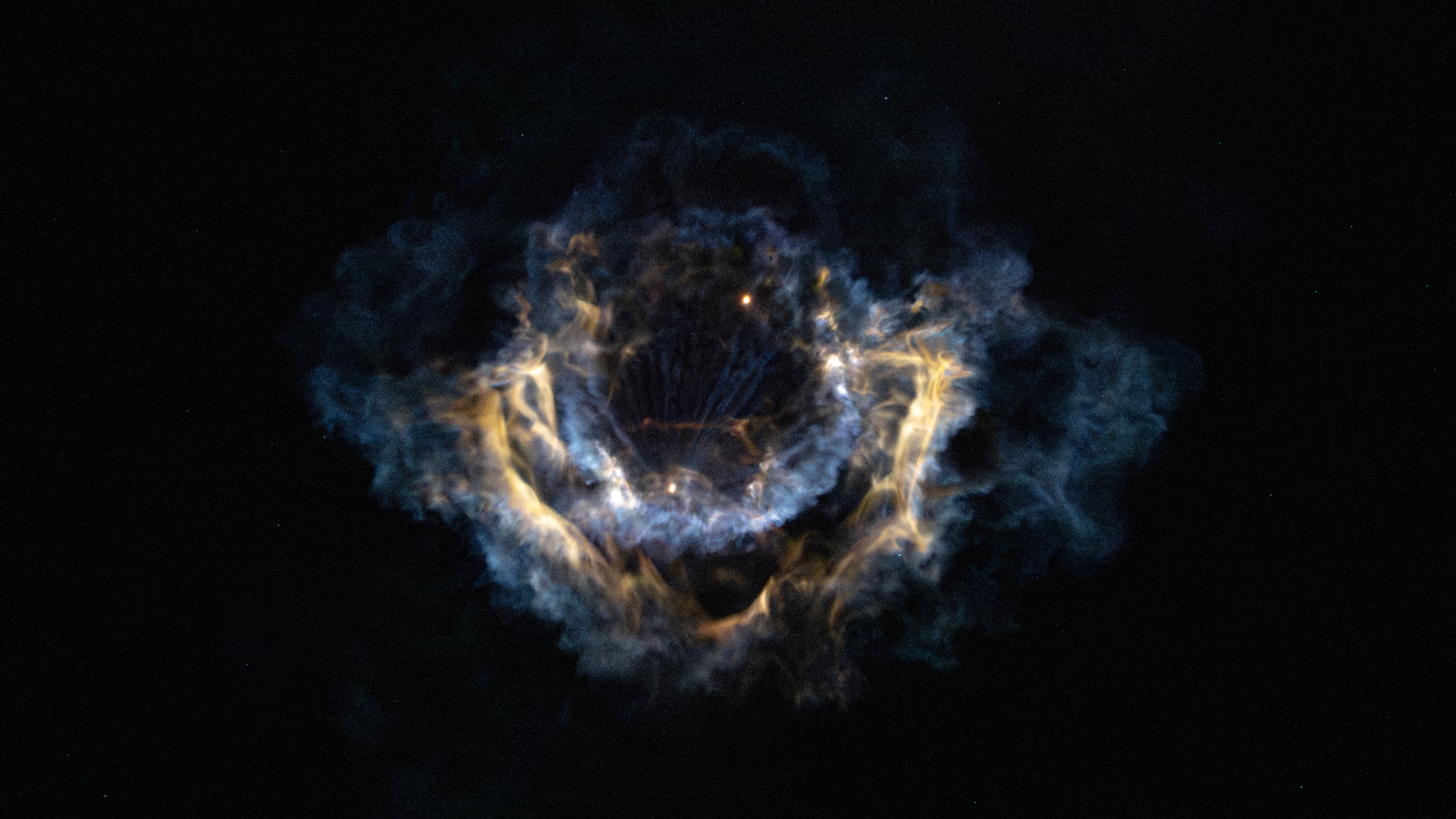 Gas, vapor and soot form a flower-like rocket plume in a black sky, backlit by rocket engines.