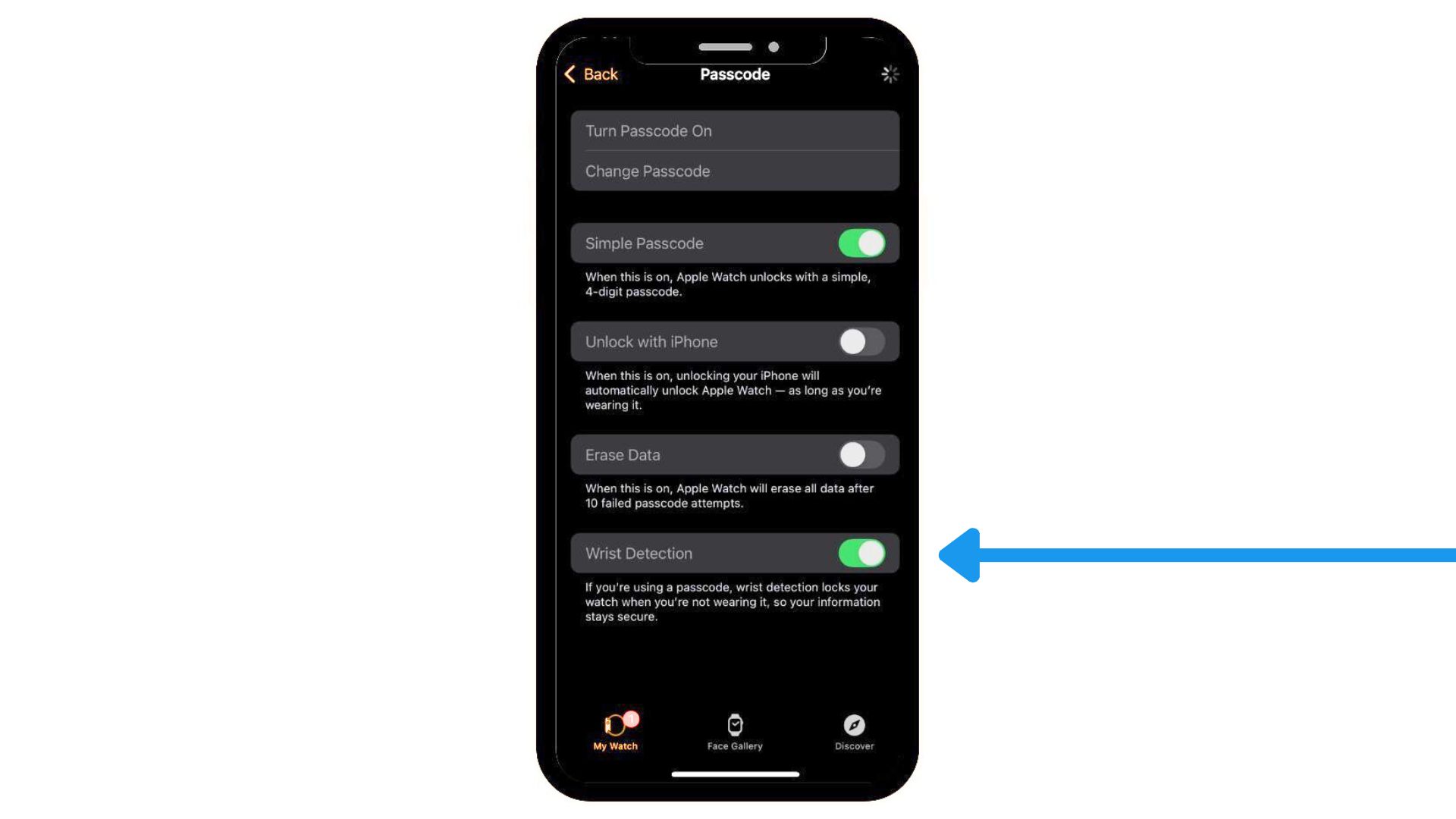 A close-up look at the Apple Watch's Wrist Detection setting on an iPhone.