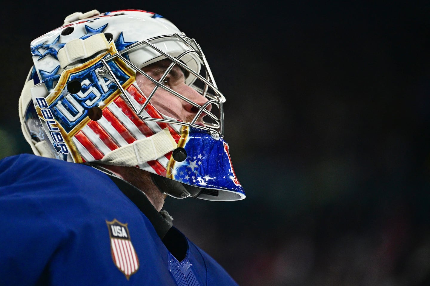 Instead of the Black and Gold, Jeremy Swayman was outfitted in red, white, and blue for his Olympic start, and win, vs. Denmark.