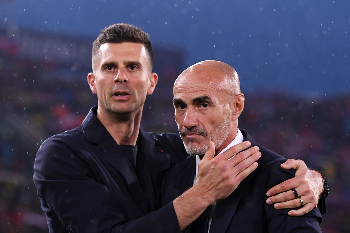 BOLOGNA, ITALY - MAY 20: Thiago Motta, Head Coach of Bologna FC (L) and Paolo Montero, Interim Coach of Juventus, interact prior to the Serie A TIM match between Bologna FC and Juventus at Stadio Renato Dall