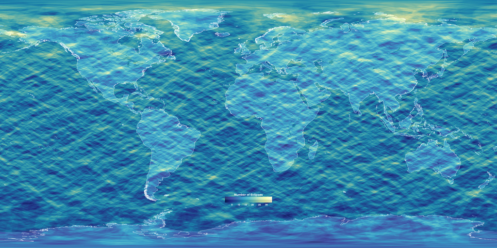 Global heatmap map of Earth showing the frequency of total solar eclipses between 2000 BCE and 3000 CE. Oceans and continents are shaded in varying blue and teal tones to indicate eclipse frequency, with a small color key labeled "Number of Eclipses" near the bottom center. Continent outlines are visible in this version.