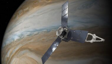 An illustration of a spacecraft with three opposing solar panels floats in front of the planet Jupiter, its blue and brown clouds swirling on its surface