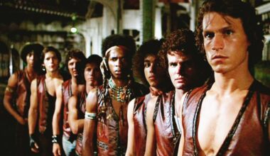 Warriors gang members, from background left to right: Brian Tyler as Snow, James Remar as Ajax, Terry Michos as Vermin, Tom McKitterick as Cowboy, David Harris as Cochise, Marcelino Sanchez as Rembrandt, Thomas G. Waites as Fox, and Michael Beck as Swan.