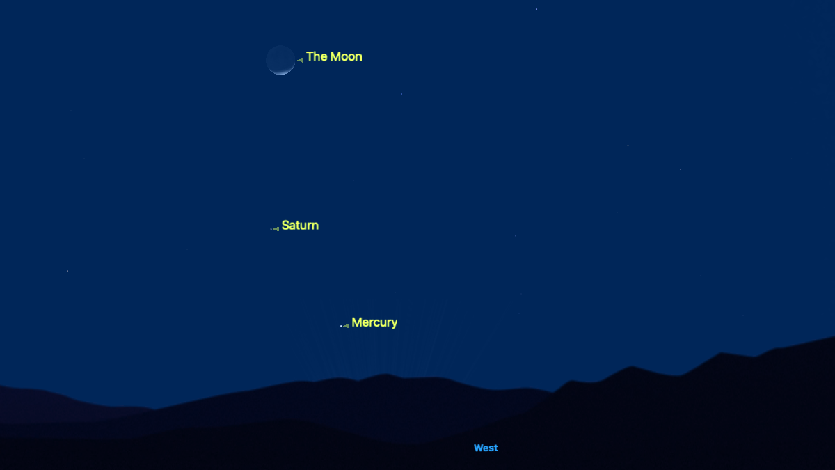 A simulation of the night sky for Feb. 20 showing the crescent moon above the silhouetted western horizon in a dark blue sky with Saturn and Mercury labelled below.