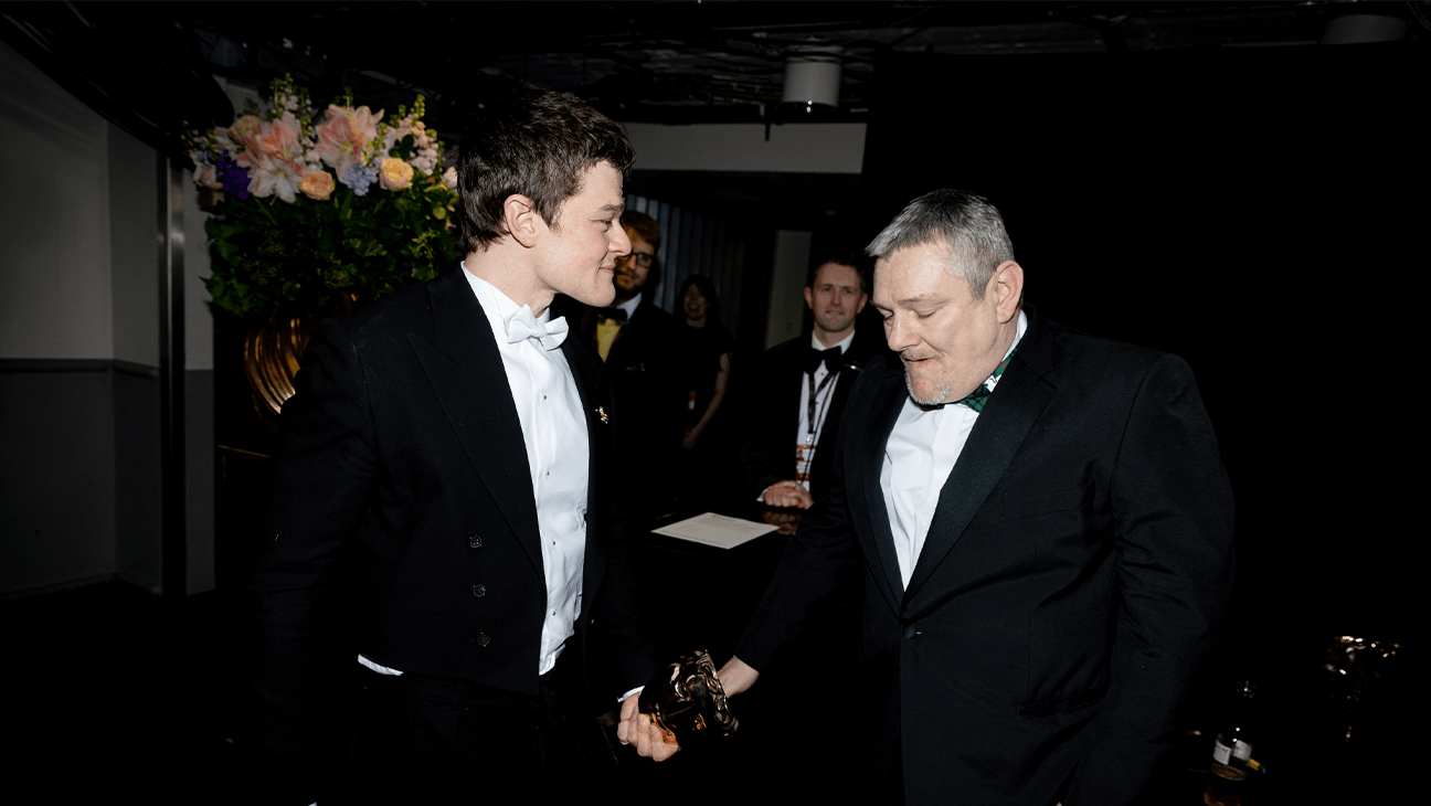 Robert Aramayo and John Davidson backstage during the EE BAFTA Film Awards 2026 at The Royal Festival Hall on Feb. 22, 2026, in London, England.