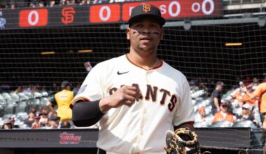 San Francisco Giants first baseman Rafael Devers walks onto the field before an MLB baseball game against the Colorado Rockies, Saturday, Sept. 27, 2025, in San Francisco.