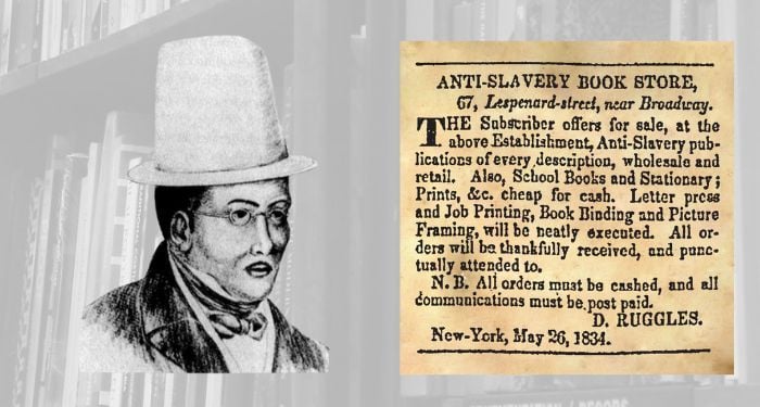 Image of D. Ruggles and an advertisement for his bookstore