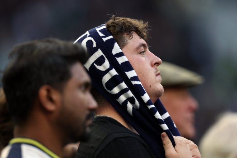 LONDON, ENGLAND - NOVEMBER 08: A Tottenham Hotspur fan looks dejected after his team concedes a goal during the Premier League match between Tottenham Hotspur and Manchester United at the Tottenham Hotspur Stadium on November 08, 2025 in London, England. (Photo by Julian Finney/Getty Images)