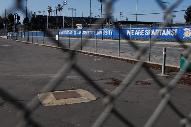 San Jose State University sports facilities, including the football stadium and soccer field, are located across the street from the former Lorentz Barrel and Drum site, shown on Friday, Feb. 6, 2026. (Dai Sugano/Bay Area News Group)