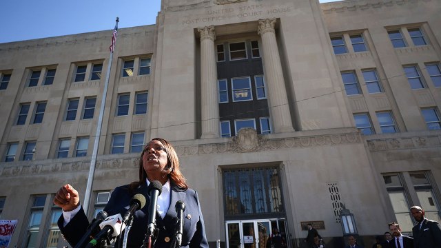 New York Attorney General Letitia James, a Democrat, speaks outside a federal courthouse in Norfolk, Virginia, on Oct. 24, 2025. Two federal grand juries in the state recently declined to indict James on charges related to mortgage fraud. (Win McNamee via Getty Images)