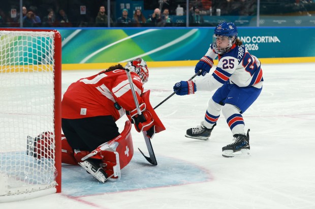 Alex Carpenter of Team United States scores a goal