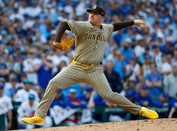 Adrian Morejon #50 of the San Diego Padres pitches against the Chicago Cubs during Game 2 of the NL Wild Card Series at Wrigley Field on Oct. 1, 2025 in Chicago, Illinois. (Photo by K.C. Alfred / The San Diego Union-Tribune)