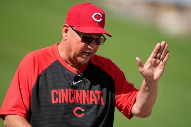 Cincinnati Reds manager Terry Francona talks during spring training baseball in Goodyear, Ariz., Sunday, Feb. 15, 2026. (AP Photo/Chris Carlson)