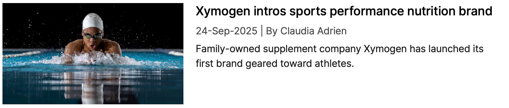 Screenshot of NutraIngredients coverage: "Xymogen intros sports performance nutrition brand"