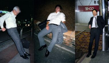 Three men in business attire appear to be exhausted or asleep in public places at night, each reclining or leaning against different city structures outdoors.