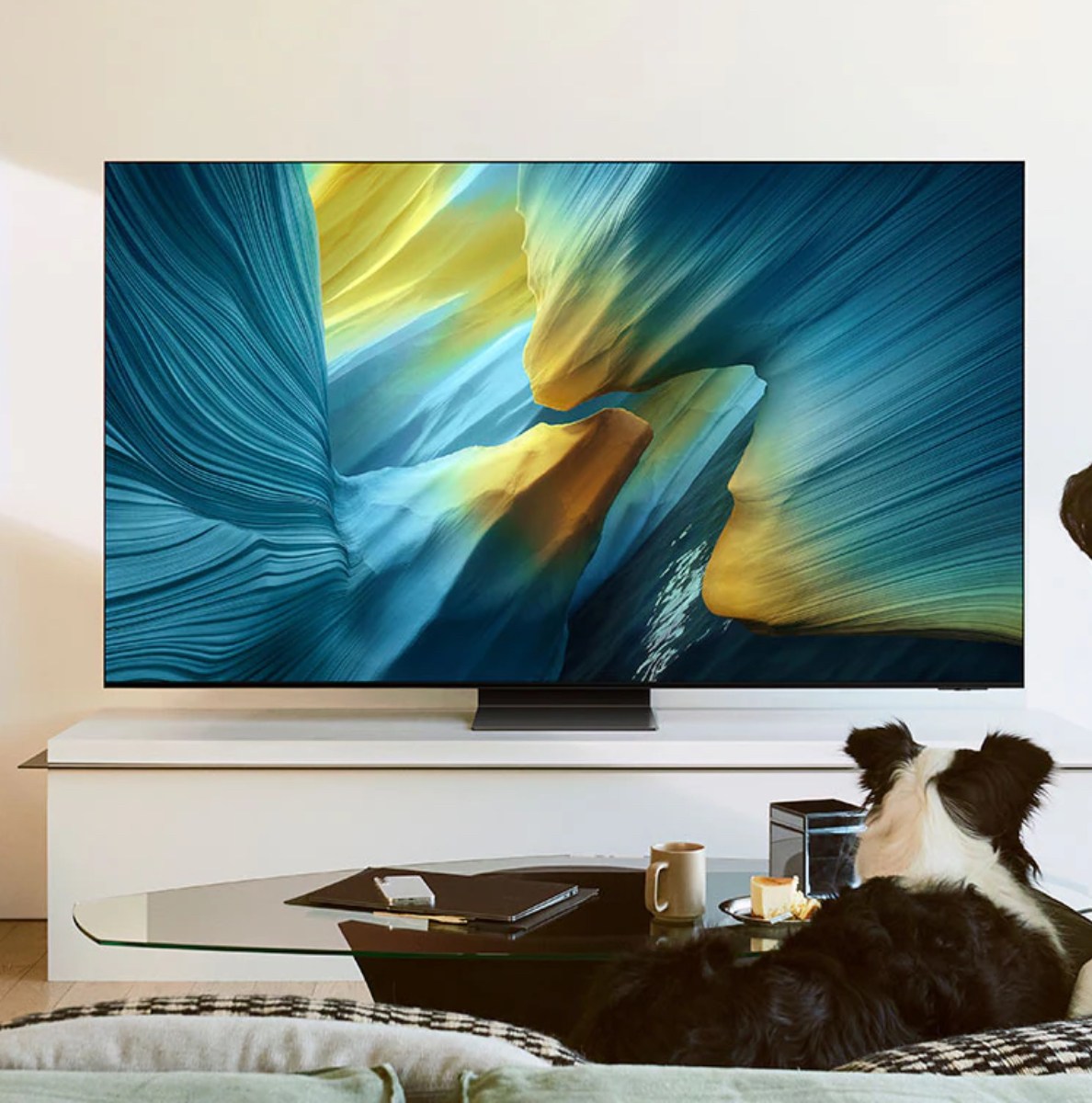 Samsung's S95F 4K TV on an entertainment center watched by a person and dog.