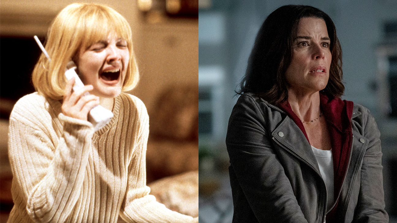 Drew Barrymore in the original 'Scream' (1996) and Neve Campbell in 'Scream 7' (2026)