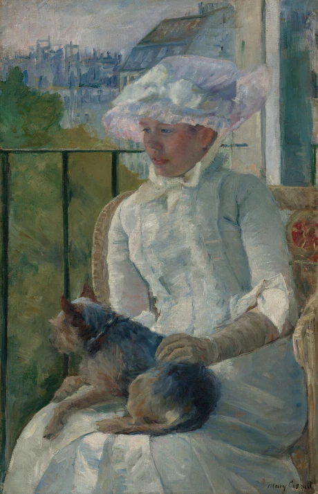 Woman in white dress with hat sitting on a balcony with a small dog on her lap, painted in impressionist style.