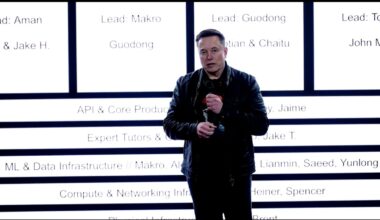 Elon Musk stands in front of xAI's new org chart