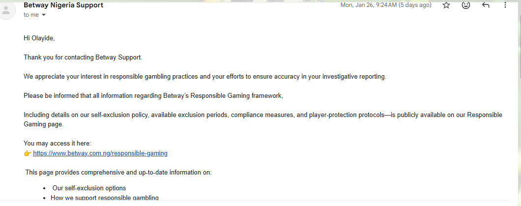BetWay email response