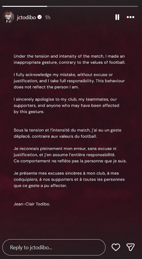 Jean-Clair Todibo's apology after red card during Chelsea vs West Ham