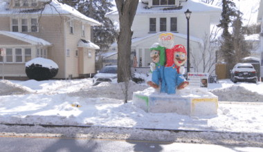 Artist creates Mario and Luigi snow sculpture outside of Golisano Children's Hospital