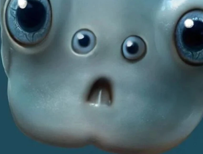 a closer-up shot of Haikouichthys, showing how its two tiny eyes and face hole? idk what it is represents a tiny face screaming in terror