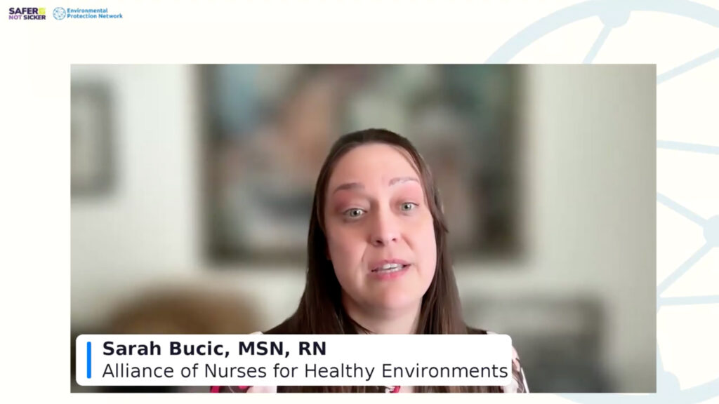 Sarah Bucic, a registered nurse and policy analyst with the nonpartisan Alliance of Nurses for Healthy Environments, speaks during a virtual press briefing hosted by Environmental Protection Network on Thursday.