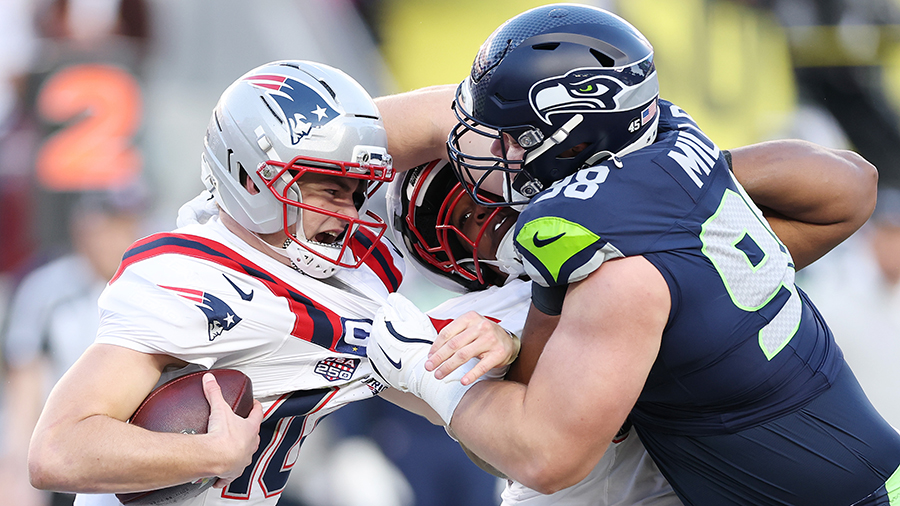 Seattle Seahawks Rylie Mills sack Patriots Drake Maye Super Bowl 2026...