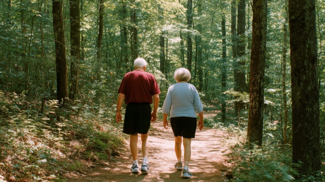 Two older people walking along a path in a forest