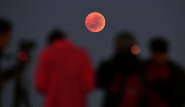 people stand in foreground and look at blood red moon in the sky as the total lunar eclipse takes hold.