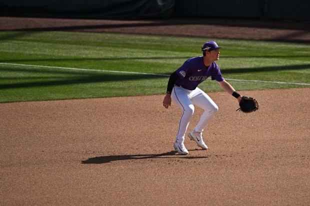 SCOTTSDALE, AZ - FEBRUARY 20: Colorado Rockies infielder, Charlie Condron, right, guards first base during the action of the first 2026 spring training game at Salt River Field at Talking Stick in Scottsdale, Arizona on February 20, 2026. The Arizona Diamondbacks went onto beat the Colorado Rockies 3-2. (Photo by RJ Sangosti/The Denver Post)