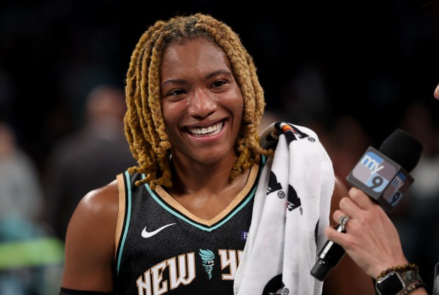 Jaylyn Sherrod #0 of the New York Liberty is interviewed after a game against the Connecticut Sun at Barclays Center on June 1, 2025 in the Brooklyn borough of New York City. The New York Liberty defeated the Connecticut Sun 100-52. (Photo by Elsa/Getty Images)