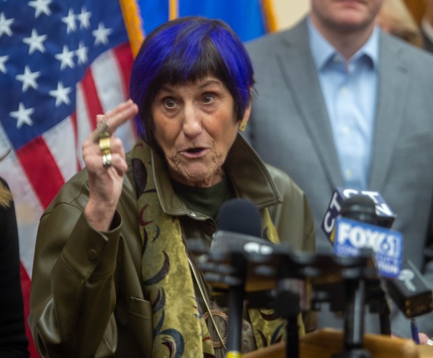 U.S. Representative Rosa DeLauro stands with other Connecticut leaders during a news conference on the attempt by the White House to halt federal grants and loans at the Connecticut State Capitol on Tuesday, Jan. 28, 2025. (Aaron Flaum/Hartford Courant)