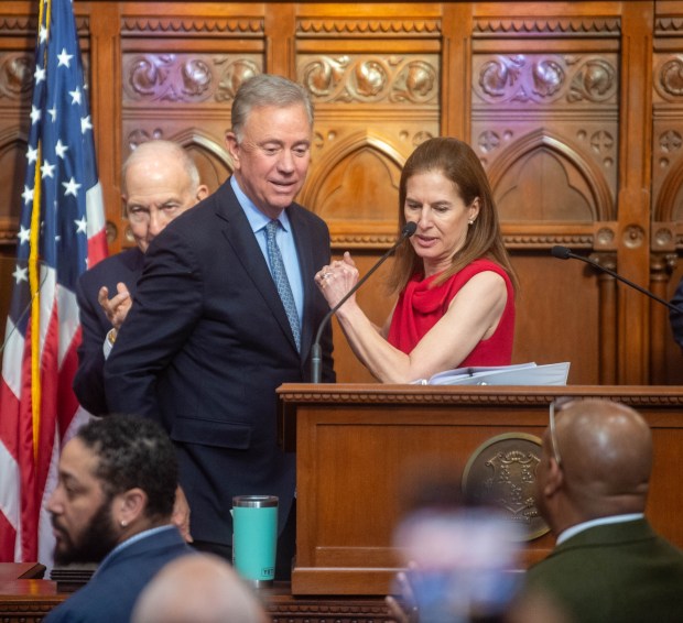 Lt. Governor Susan Bysiewicz introduces Gov. Ned Lamont before the State of the State address to the General Assembly at the Connecticut State Capitol on Wednesday, Feb. 8, 2025 during the annual (Aaron Flaum/Hartford Courant)