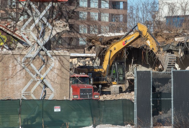 Demolition has begun at the Port Eastside mixed-use project in East Hartford on Wednesday, Feb. 4, 2026. (Aaron Flaum/Hartford Courant)