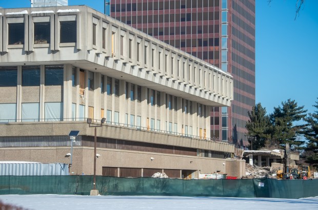 Demolition has begun at the Port Eastside mixed-use project in East Hartford on Wednesday, Feb. 4, 2026. (Aaron Flaum/Hartford Courant)