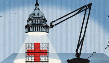 An illustration shows a desk lamp shaped like the U.S. Capitol dome shining a spotlight on scaffolding surrounding a red cross.
