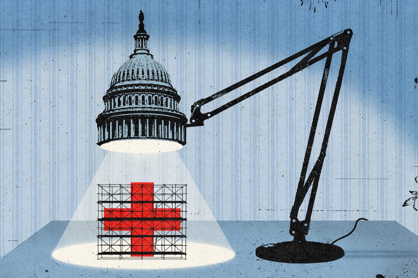 An illustration shows a desk lamp shaped like the U.S. Capitol dome shining a spotlight on scaffolding surrounding a red cross.