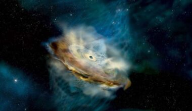 An artist's rendition highlighting the pale, conical swirls that manifest as a corona above the black hole's accretion disk.