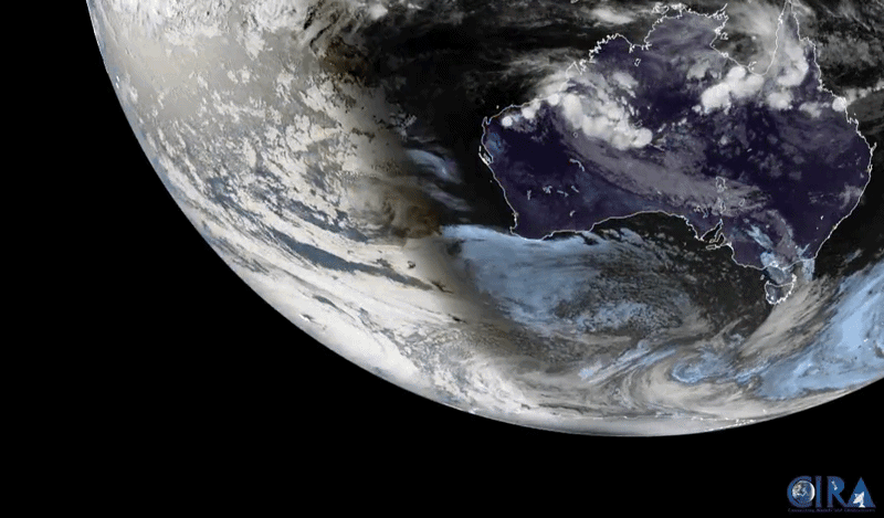 An animated GIF showing the shadow of the moon sweeping over Earth's surface as the line separating night from day moves right to left.